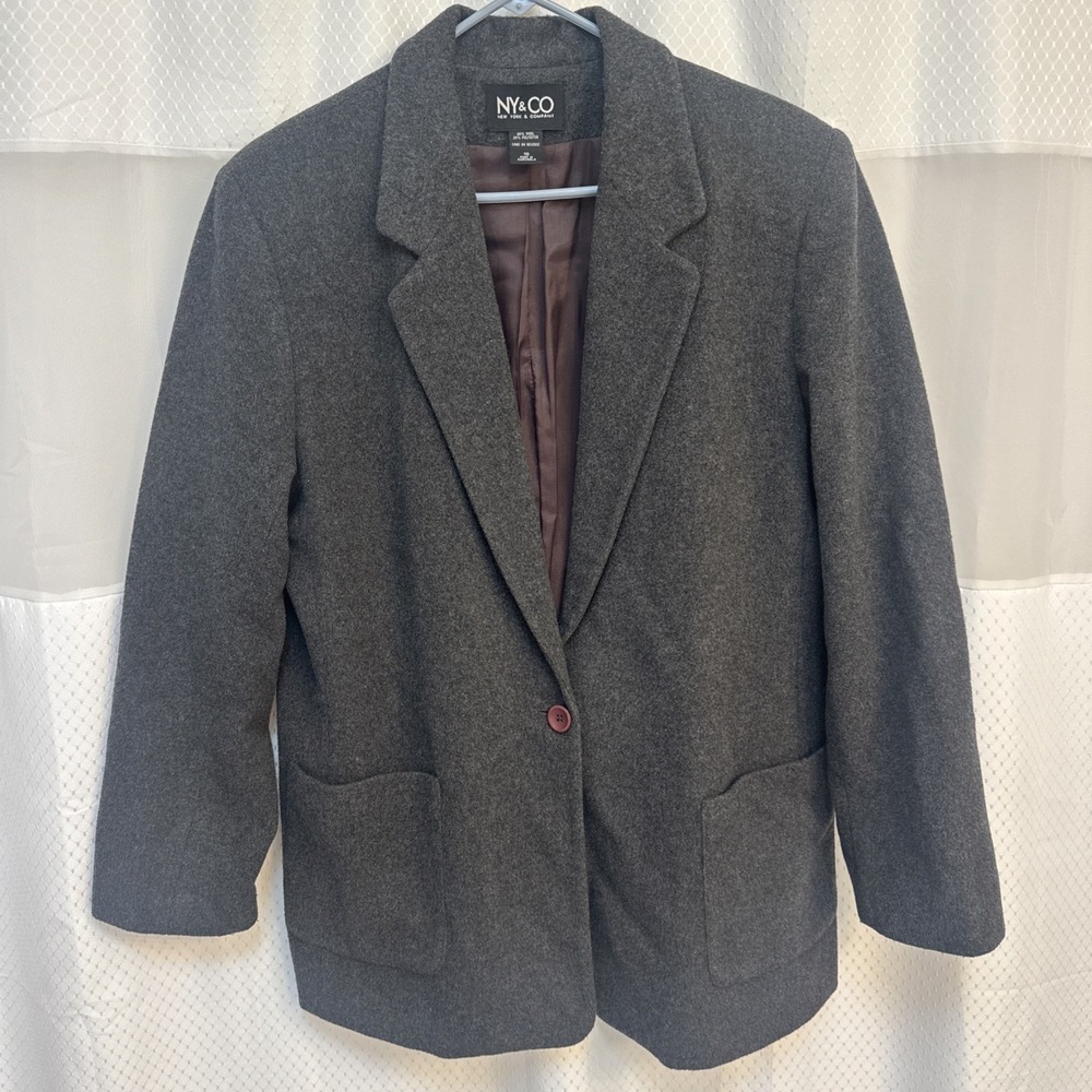NY & Co Dark Gray Black Wool Blazer One Button Two Front Pockets Women's Size 16